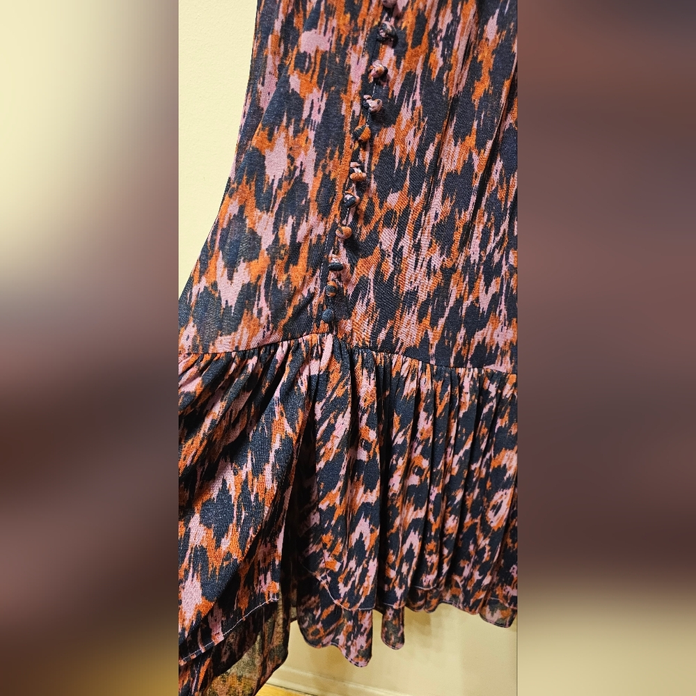 By Anthropologie Purple Printed V- Neck Ruched-Sleeve Mesh Lined Maxi Dress,XSP - Picture 9 of 12